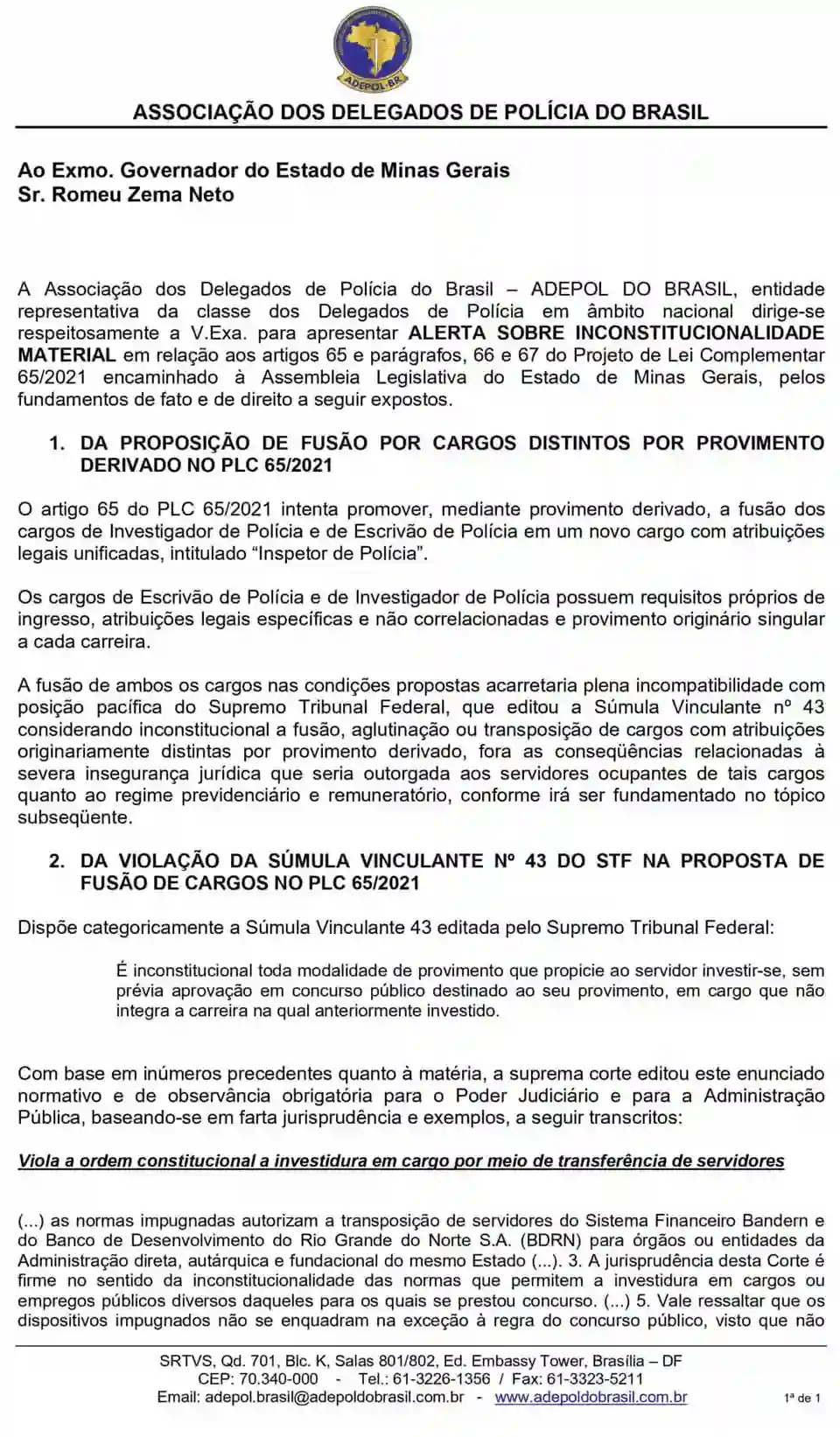 Alerta sobre inconstitucionalidade material da LC 65-2021-a